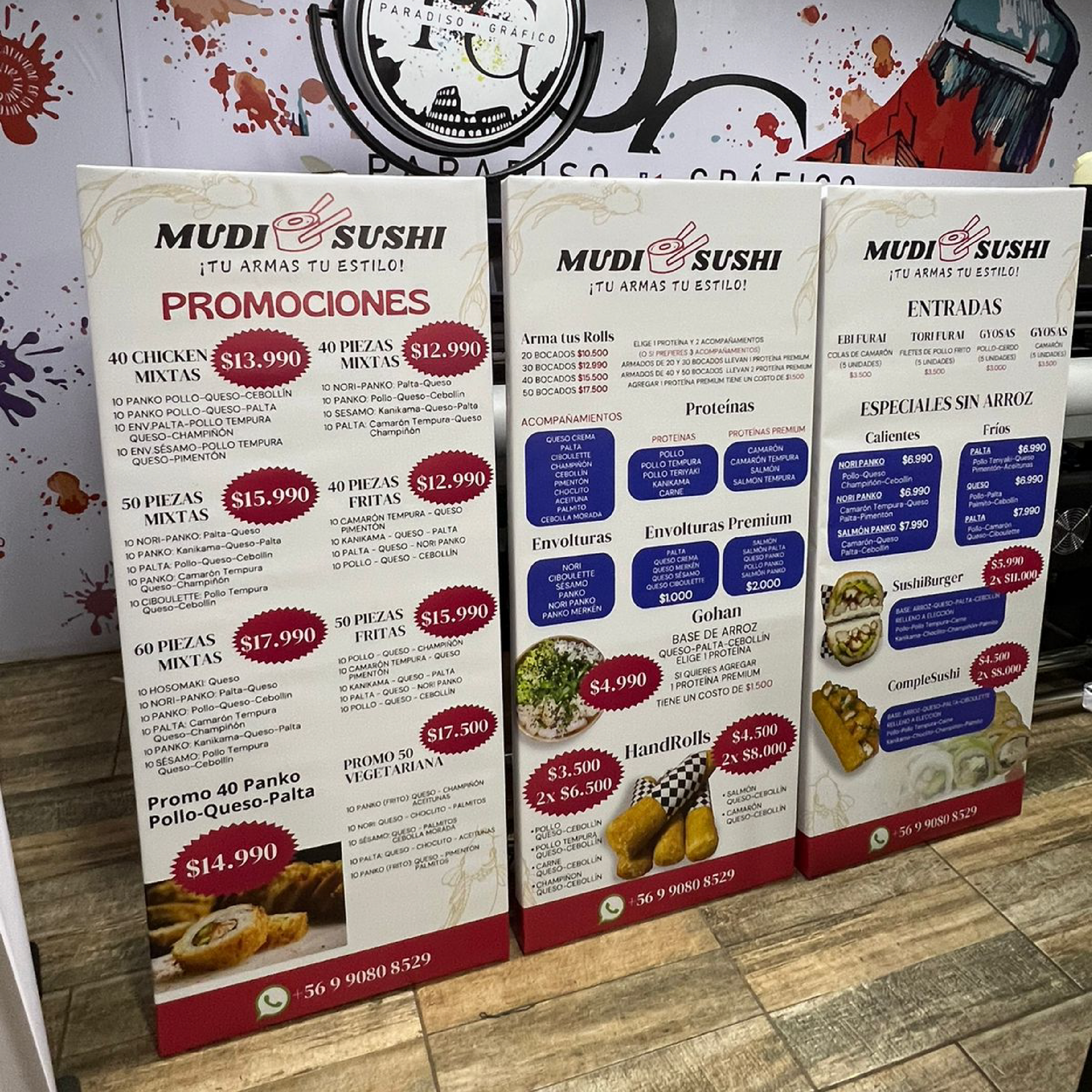 Paloma publicitaria Mudi Sushi instalada por Paradiso Gráfico