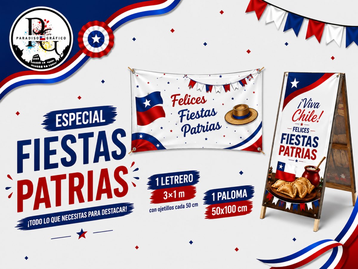 Promociones Fiestas Patrias: letrero y paloma publicitaria